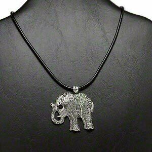 Antique Silver Crystal Indian Elephant Pendant Black Leather Necklace
